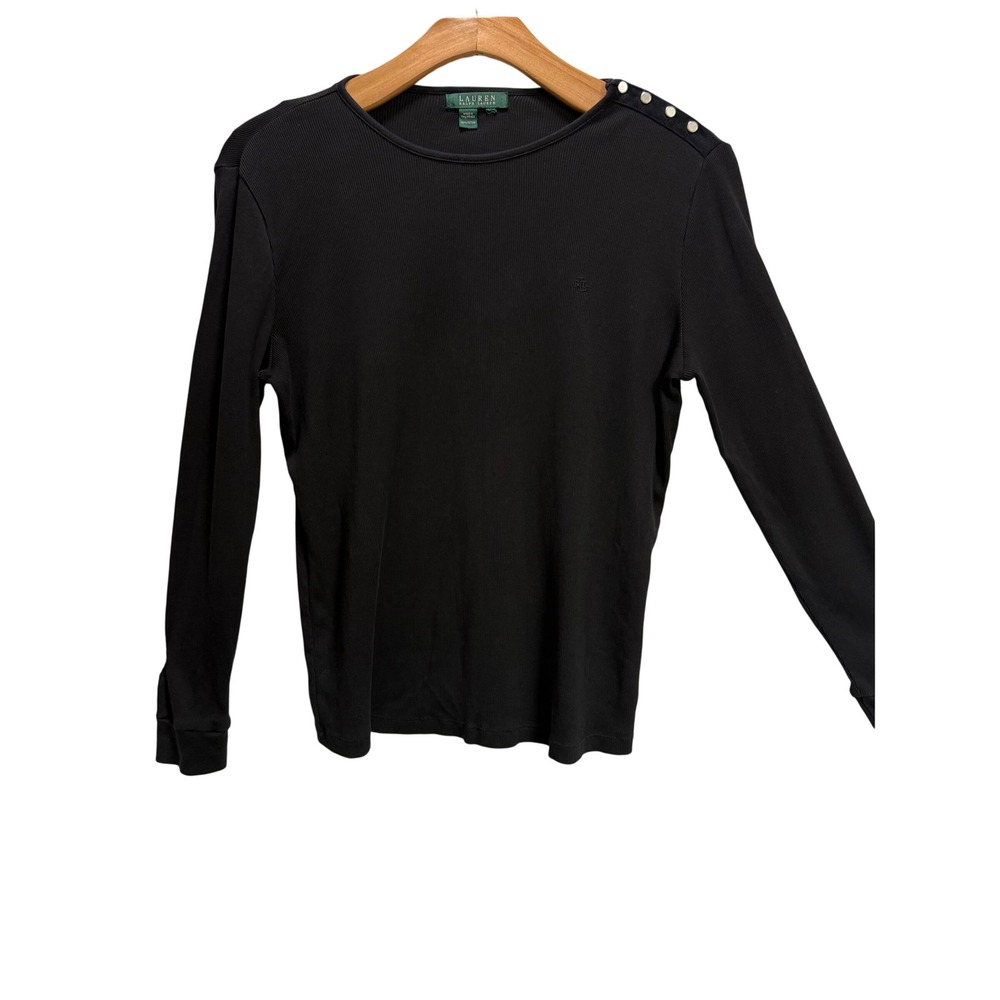 Lauren Ralph Lauren Micro Ribbed Top Black EUC Shoulder Button‎ Cotton  layer M?